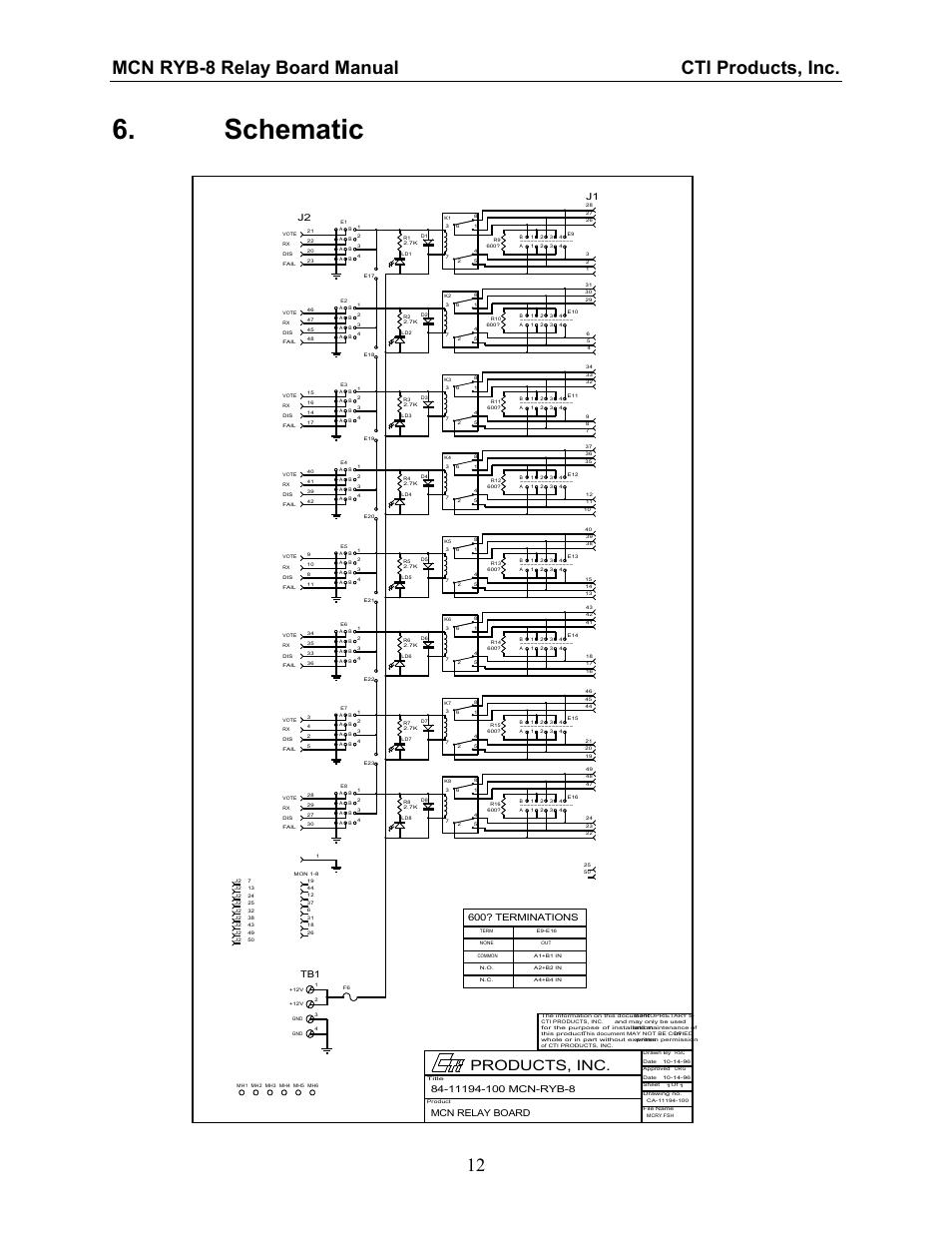Schematic, Mcn ryb-8 relay board manual cti products, inc. 12, Products, inc | 600? terminations | CTI Products RYB-8 Relay Board User Manual | Page 16 / 17