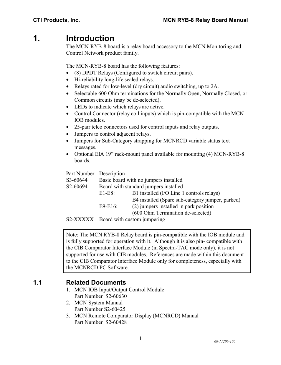Introduction, Related documents, Introduction 1.1 r | Elated, Ocuments | CTI Products RYB-8 Relay Board User Manual | Page 5 / 17