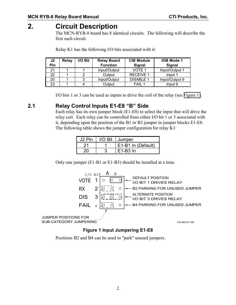 Circuit description, Relay control inputs e1-e8 “b” side, Figure 1 input jumpering e1-e8 | Circuit description 2.1 r, Elay, Ontrol, Nputs, E1-e8 “b” s, 1 relay control inputs e1-e8 “b” side | CTI Products RYB-8 Relay Board User Manual | Page 6 / 17