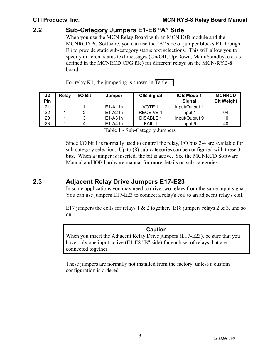 Sub-category jumpers e1-e8 “a” side, Adjacent relay drive jumpers e17-e23, Ategory | Umpers, E1-e8, A” s, Djacent, Elay, Rive, E17-e23 | CTI Products RYB-8 Relay Board User Manual | Page 7 / 17