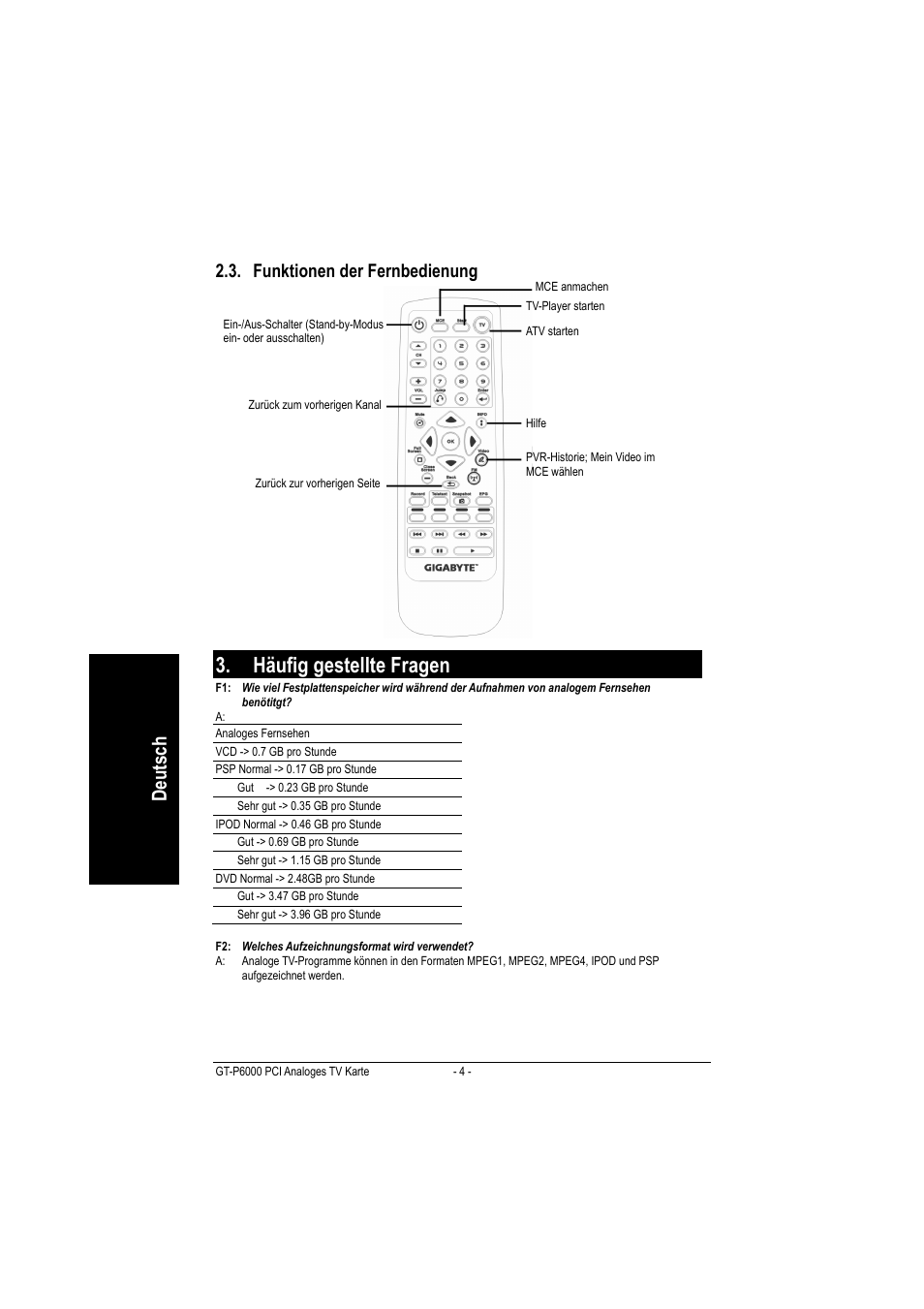 Häufig gestellte fragen, Deutsch, Funktionen der fernbedienung | GIGABYTE GT-P6000 User Manual | Page 10 / 37