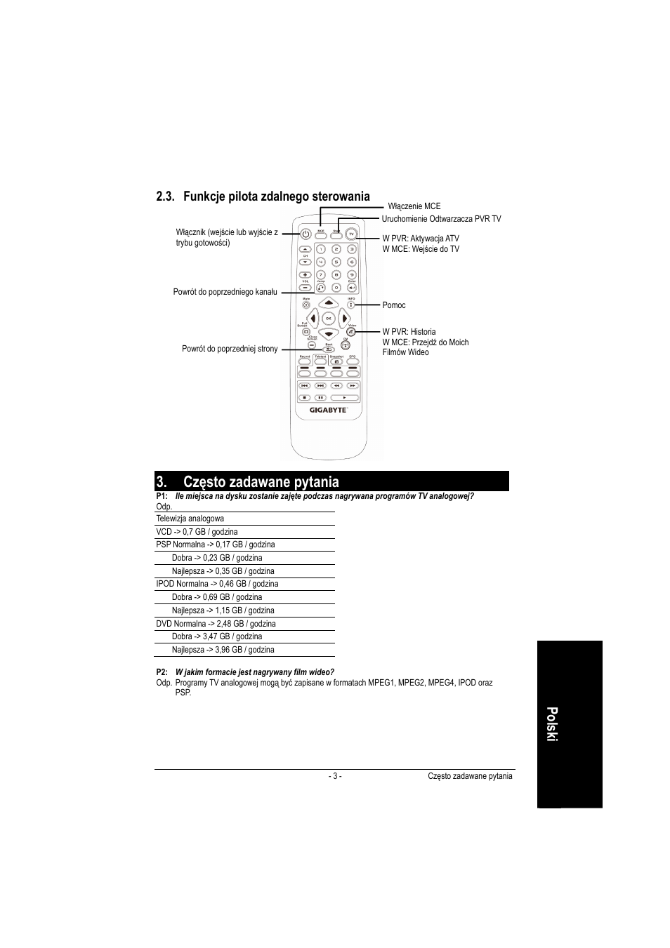 Często zadawane pytania, Polsk i, Funkcje pilota zdalnego sterowania | GIGABYTE GT-P6000 User Manual | Page 25 / 37