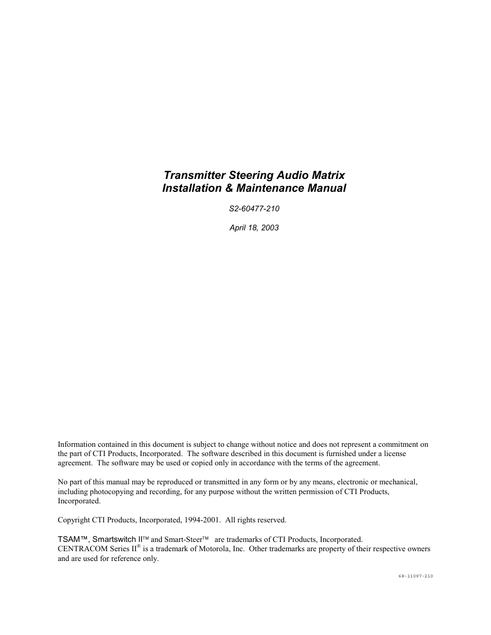 CTI Products TSAM Transmitter Steering & Audio Matrix User Manual | 97 pages