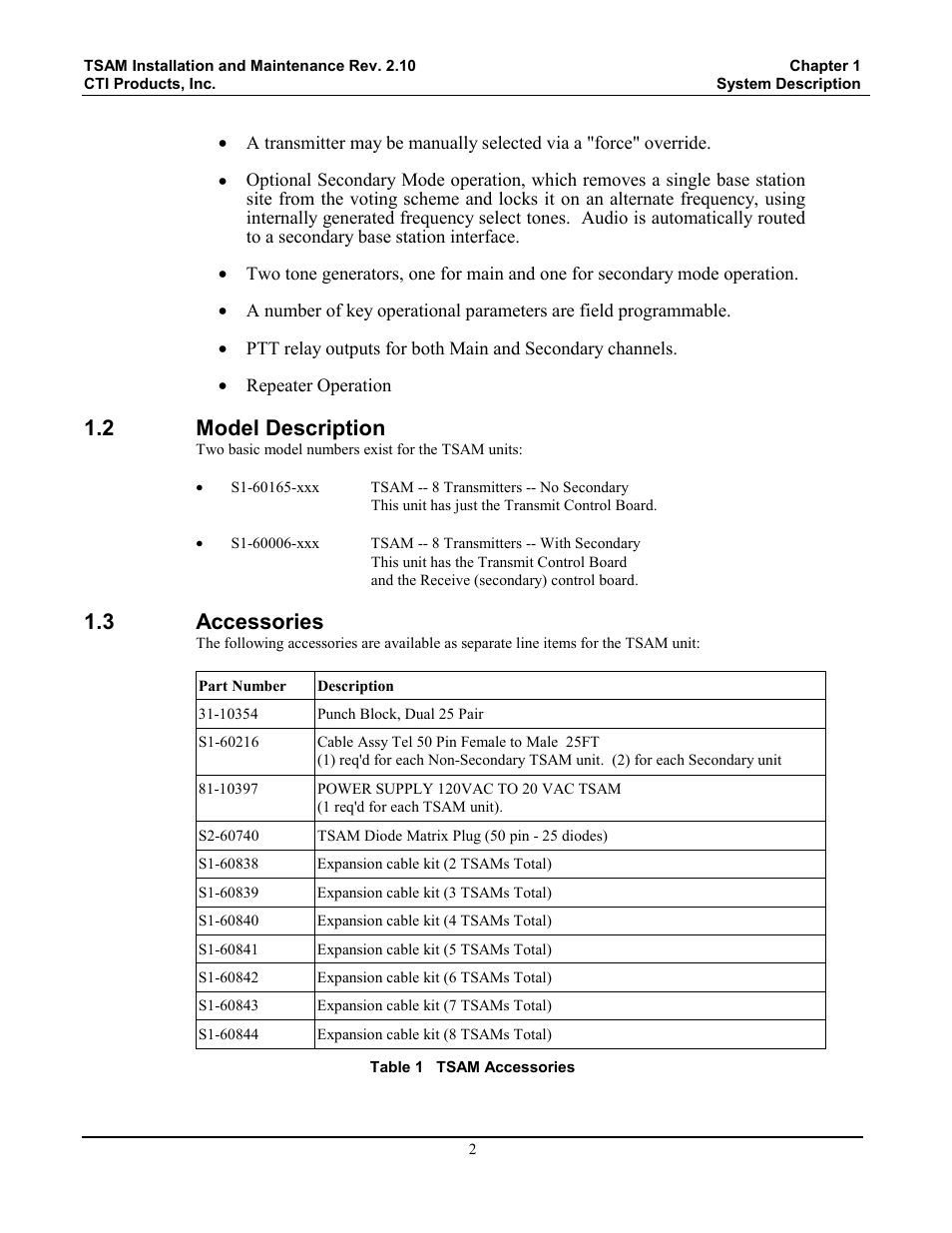 Model description, Accessories, Table 1 tsam accessories | 2 model description, 3 accessories | CTI Products TSAM Transmitter Steering & Audio Matrix User Manual | Page 10 / 97