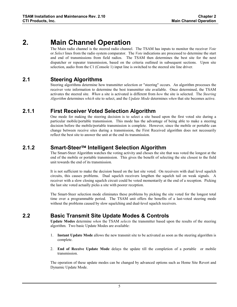 Main channel operation, Steering algorithms, First receiver voted selection algorithm | Smart-steer intelligent selection algorithm, Basic transmit site update modes & controls, Smart-steer, Intelligent selection algorithm | CTI Products TSAM Transmitter Steering & Audio Matrix User Manual | Page 13 / 97