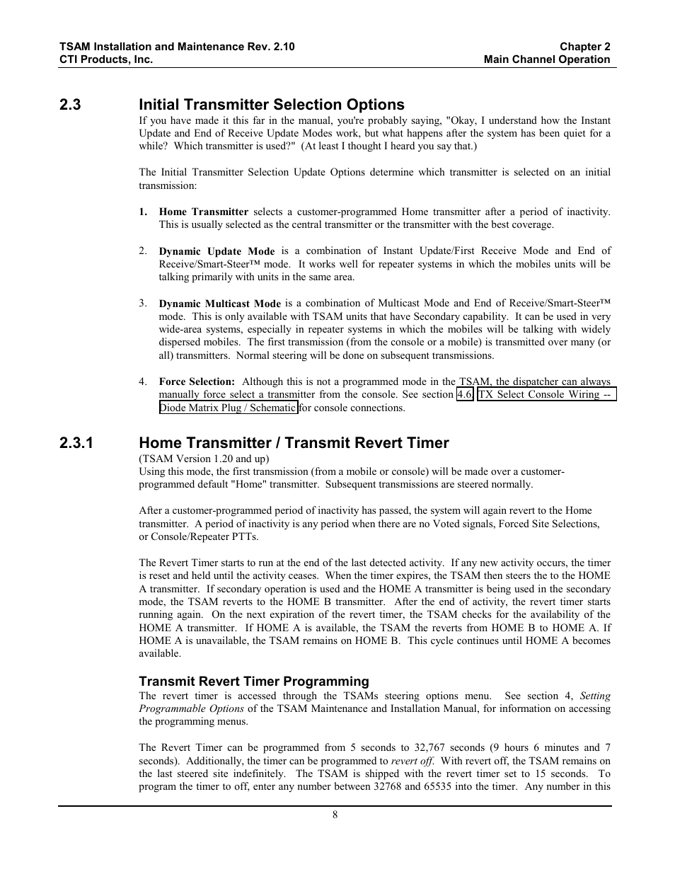 Initial transmitter selection options, Home transmitter / transmit revert timer, 3 initial transmitter selection options | 1 home transmitter / transmit revert timer | CTI Products TSAM Transmitter Steering & Audio Matrix User Manual | Page 16 / 97