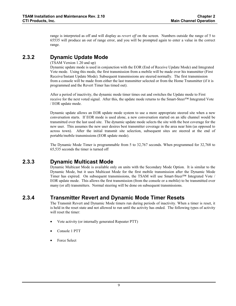 Dynamic update mode, Dynamic multicast mode, Transmitter revert and dynamic mode timer resets | 2 dynamic update mode, 3 dynamic multicast mode, 4 transmitter revert and dynamic mode timer resets | CTI Products TSAM Transmitter Steering & Audio Matrix User Manual | Page 17 / 97