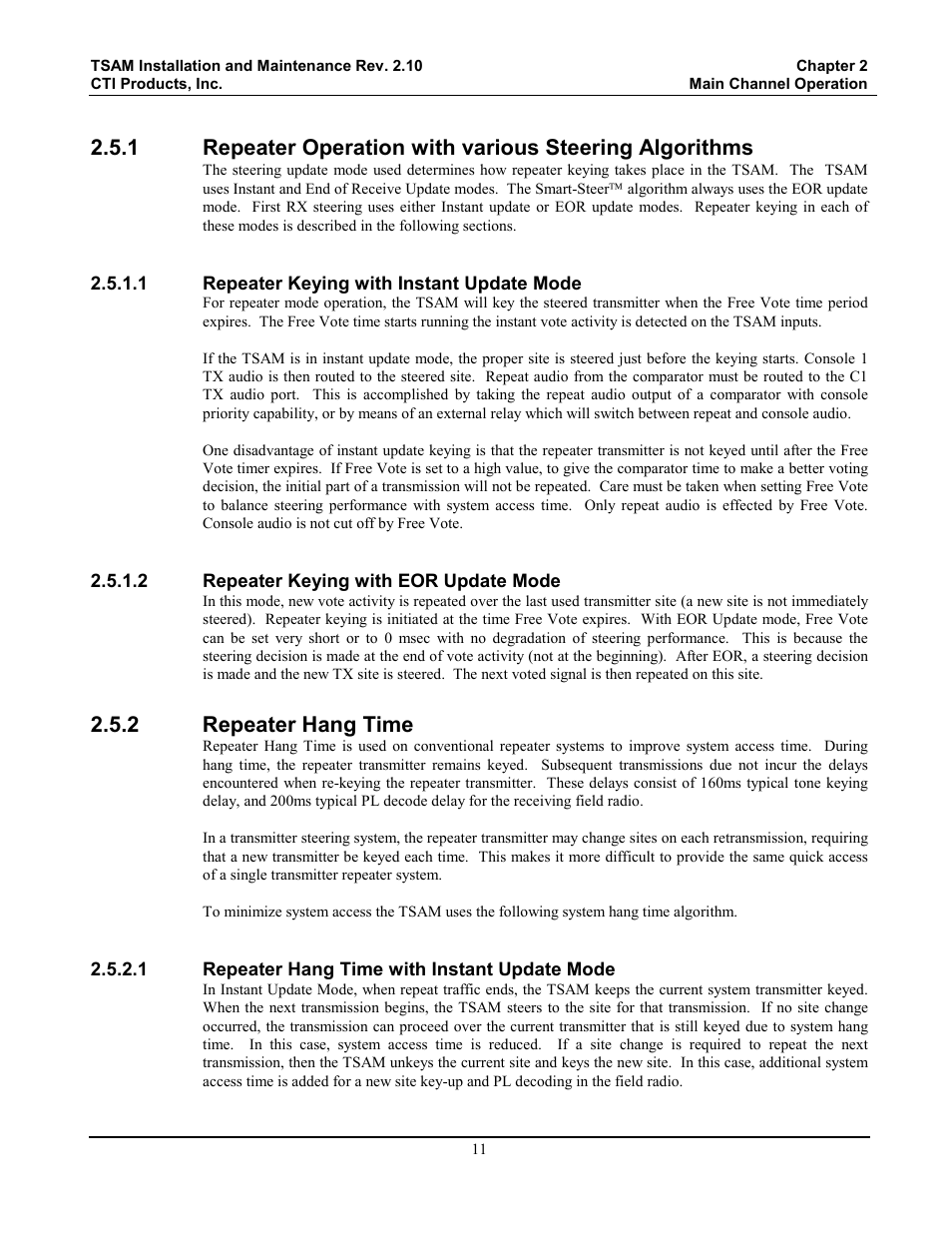 Repeater keying with instant update mode, Repeater keying with eor update mode, Repeater hang time | Repeater hang time with instant update mode, 2 repeater hang time | CTI Products TSAM Transmitter Steering & Audio Matrix User Manual | Page 19 / 97