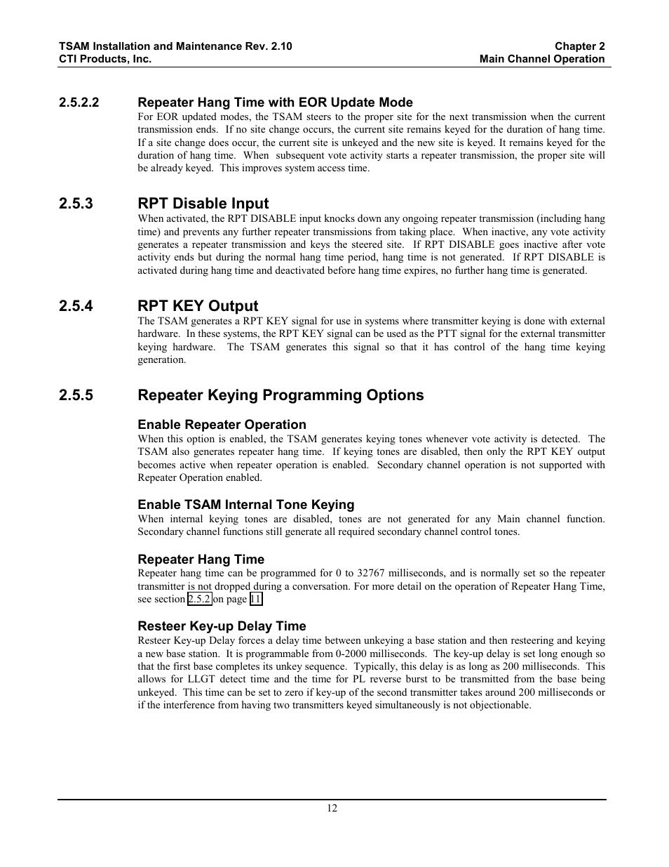 Repeater hang time with eor update mode, Rpt disable input, Rpt key output | Repeater keying programming options, 3 rpt disable input, 4 rpt key output, 5 repeater keying programming options | CTI Products TSAM Transmitter Steering & Audio Matrix User Manual | Page 20 / 97