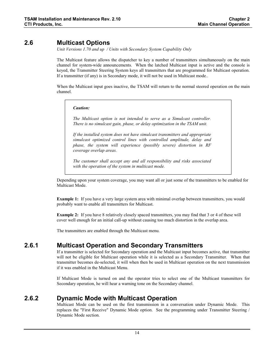 Multicast options, Multicast operation and secondary transmitters, Dynamic mode with multicast operation | 6 multicast options, 1 multicast operation and secondary transmitters, 2 dynamic mode with multicast operation | CTI Products TSAM Transmitter Steering & Audio Matrix User Manual | Page 22 / 97