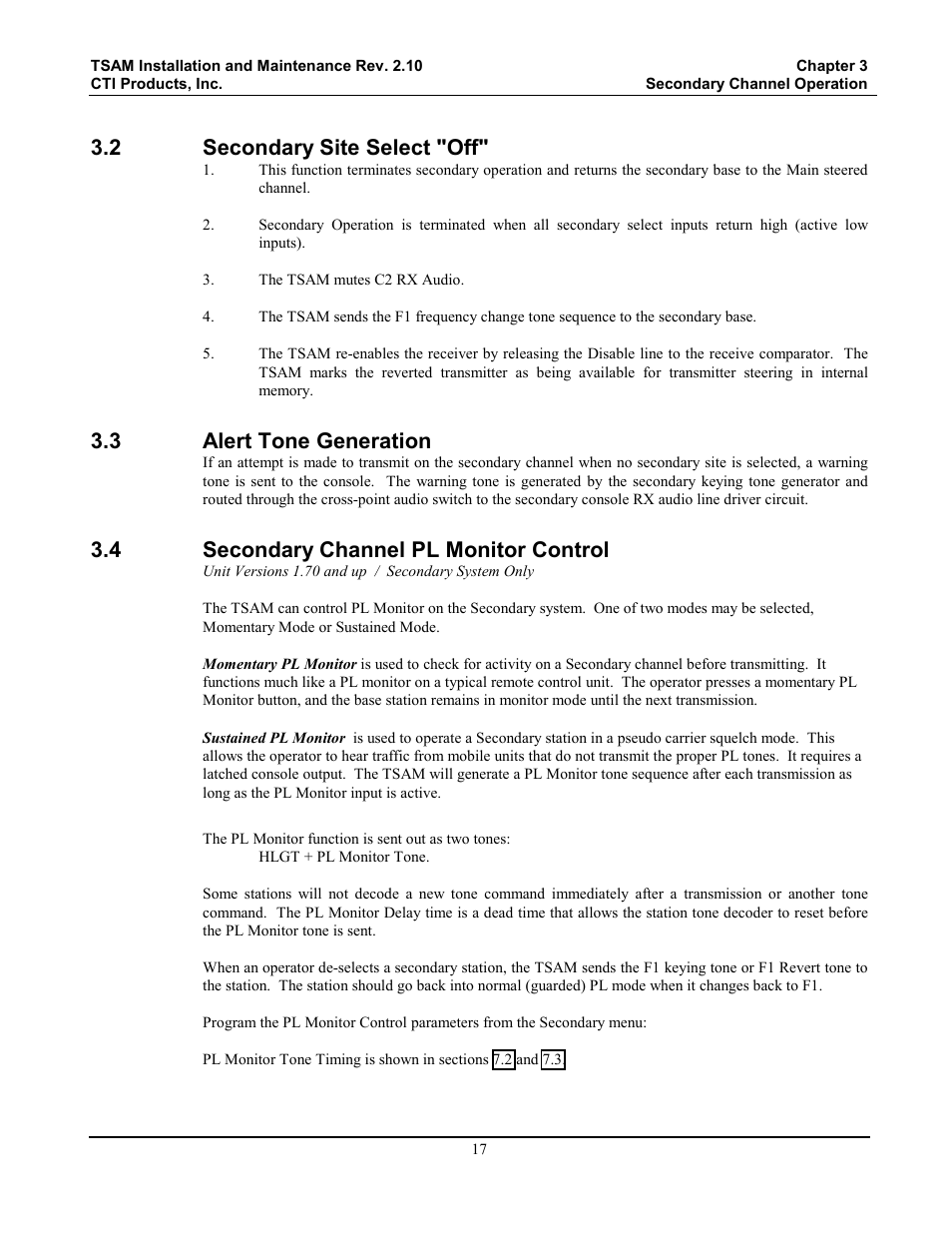 Secondary site select "off, Alert tone generation, Secondary channel pl monitor control | 2 secondary site select "off, 3 alert tone generation, 4 secondary channel pl monitor control | CTI Products TSAM Transmitter Steering & Audio Matrix User Manual | Page 25 / 97