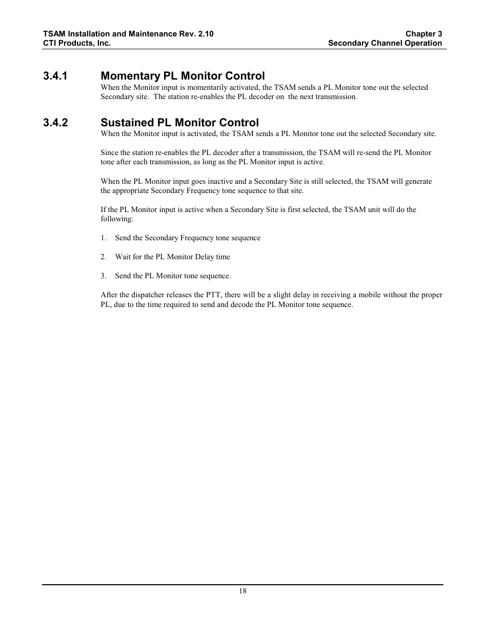 Momentary pl monitor control, Sustained pl monitor control, 1 momentary pl monitor control | 2 sustained pl monitor control | CTI Products TSAM Transmitter Steering & Audio Matrix User Manual | Page 26 / 97