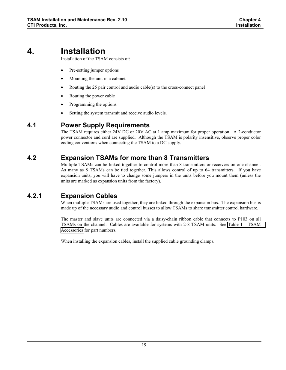 Installation, Power supply requirements, Expansion tsams for more than 8 transmitters | Expansion cables | CTI Products TSAM Transmitter Steering & Audio Matrix User Manual | Page 27 / 97