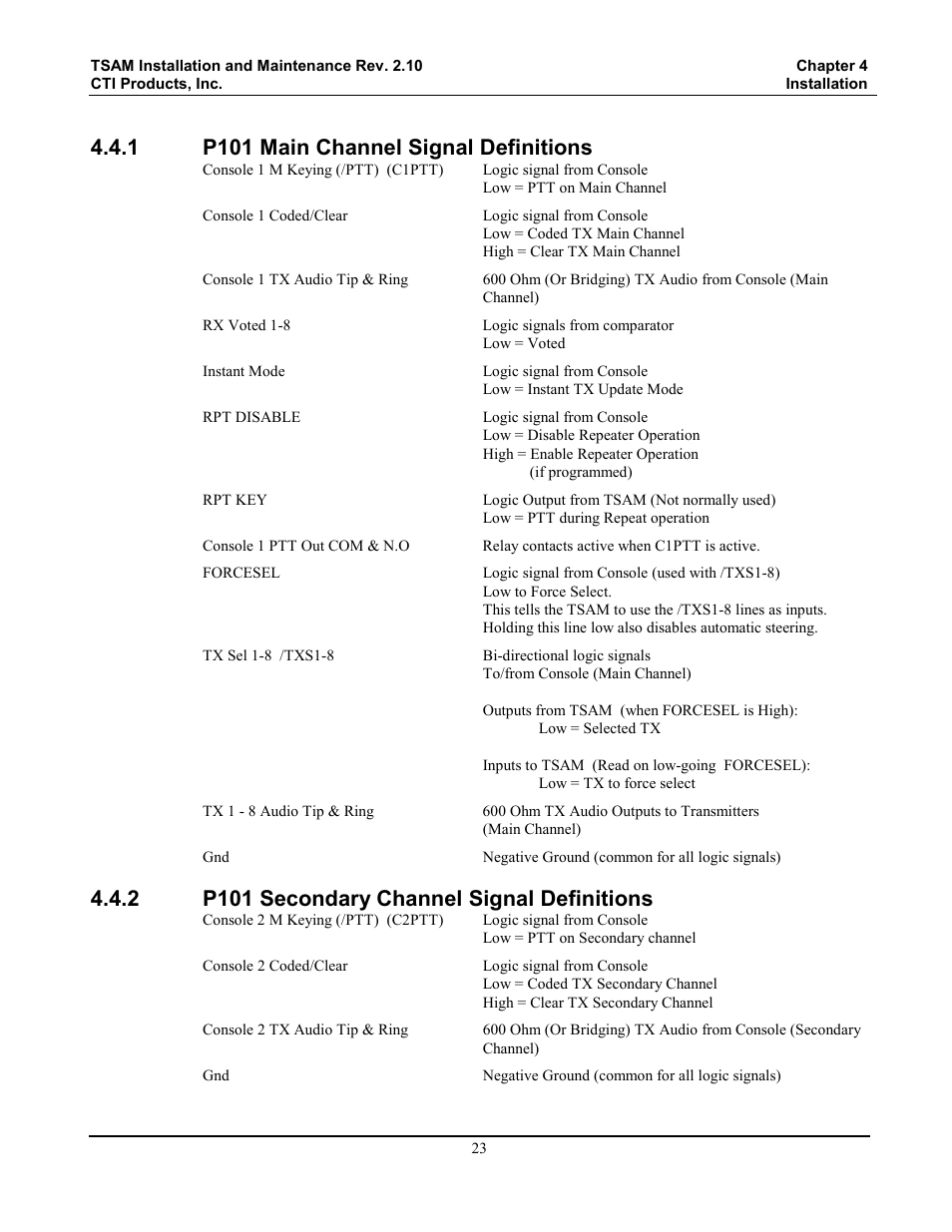 P101 main channel signal definitions, P101 secondary channel signal definitions, 1 p101 main channel signal definitions | 2 p101 secondary channel signal definitions | CTI Products TSAM Transmitter Steering & Audio Matrix User Manual | Page 31 / 97