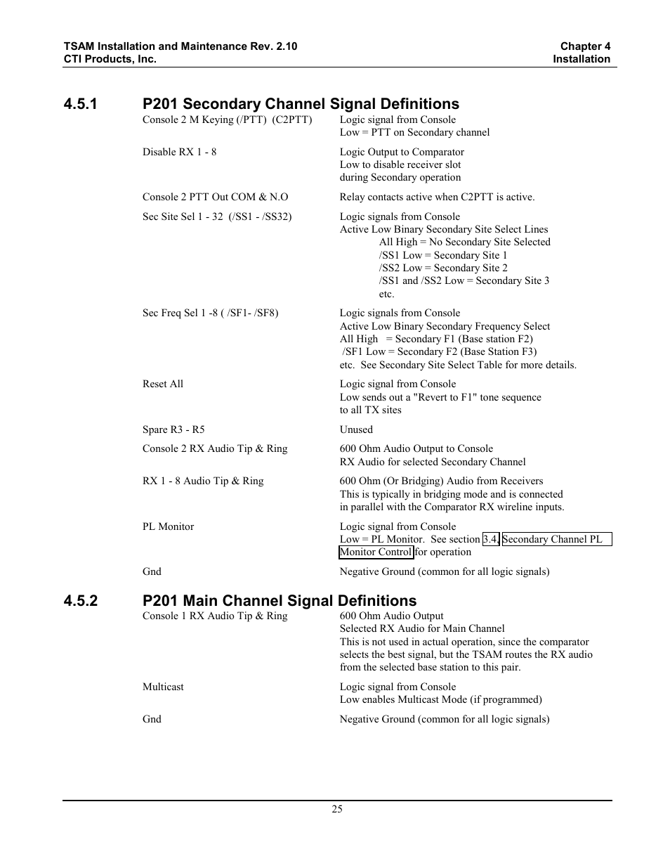 P201 secondary channel signal definitions, P201 main channel signal definitions, 1 p201 secondary channel signal definitions | 2 p201 main channel signal definitions | CTI Products TSAM Transmitter Steering & Audio Matrix User Manual | Page 33 / 97