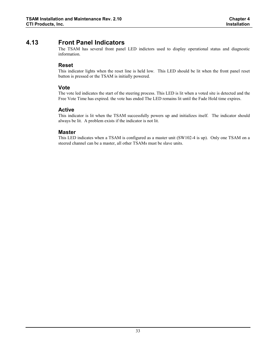 Front panel indicators, 13 front panel indicators | CTI Products TSAM Transmitter Steering & Audio Matrix User Manual | Page 41 / 97