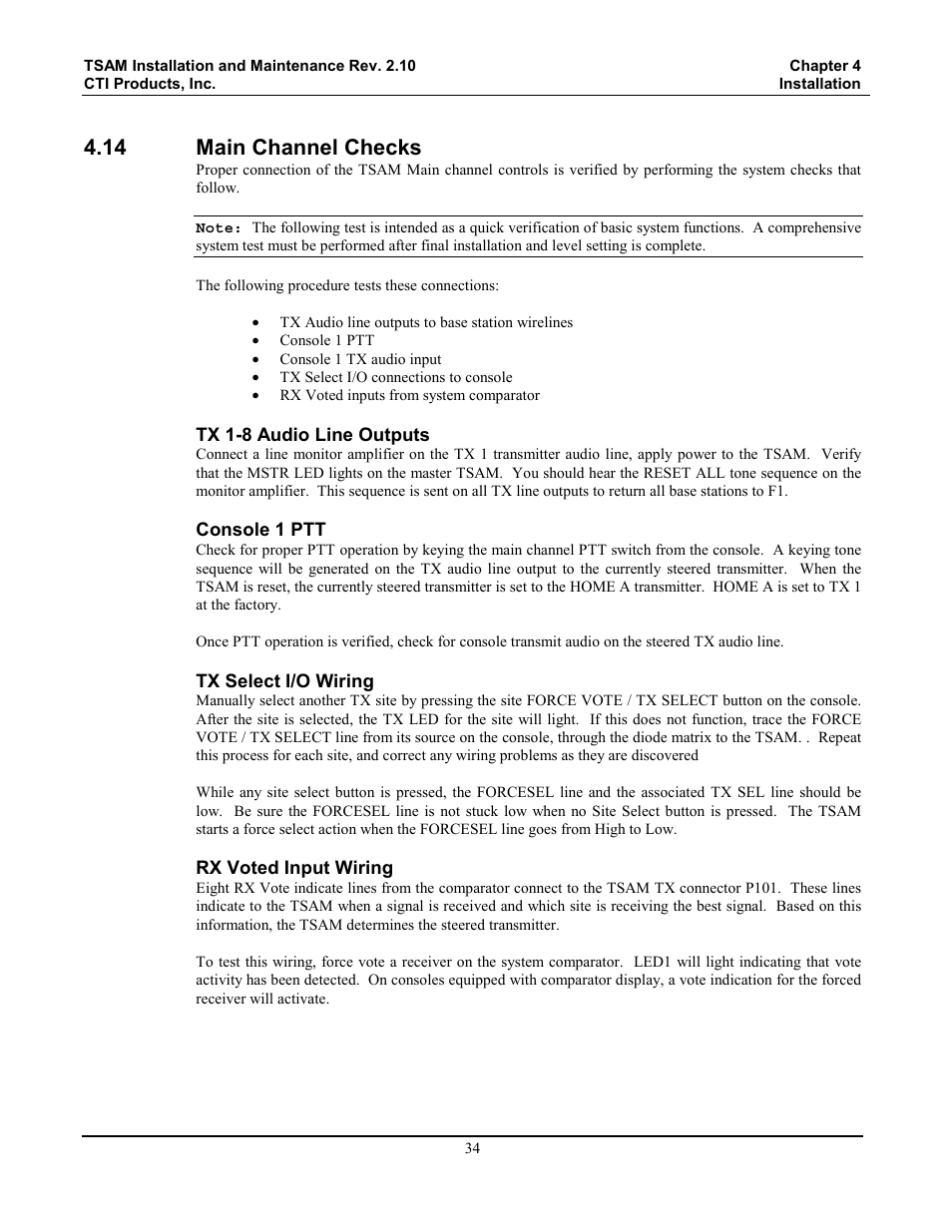 Main channel checks, 14 main channel checks | CTI Products TSAM Transmitter Steering & Audio Matrix User Manual | Page 42 / 97