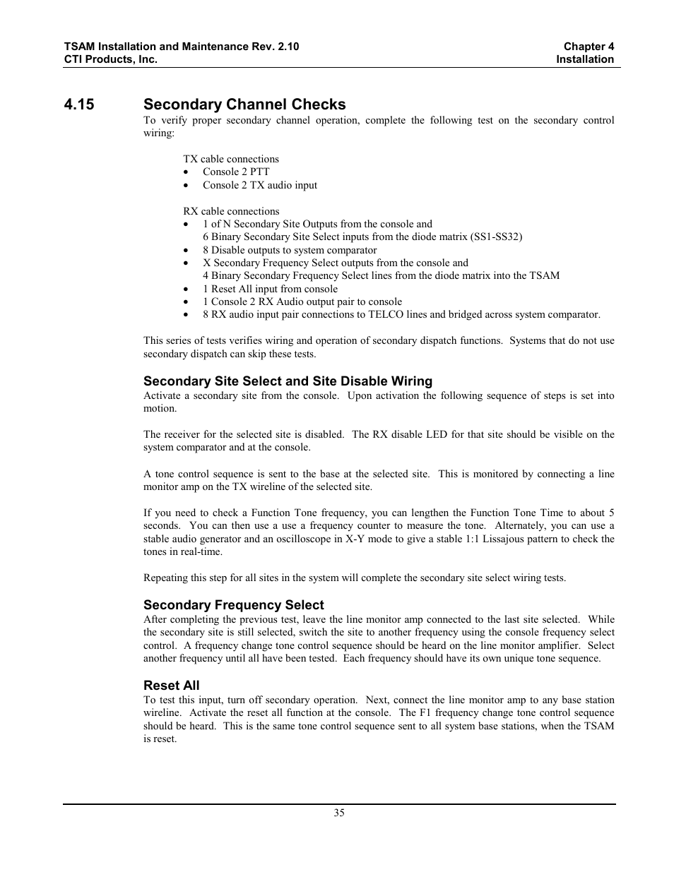 Secondary channel checks, 15 secondary channel checks | CTI Products TSAM Transmitter Steering & Audio Matrix User Manual | Page 43 / 97