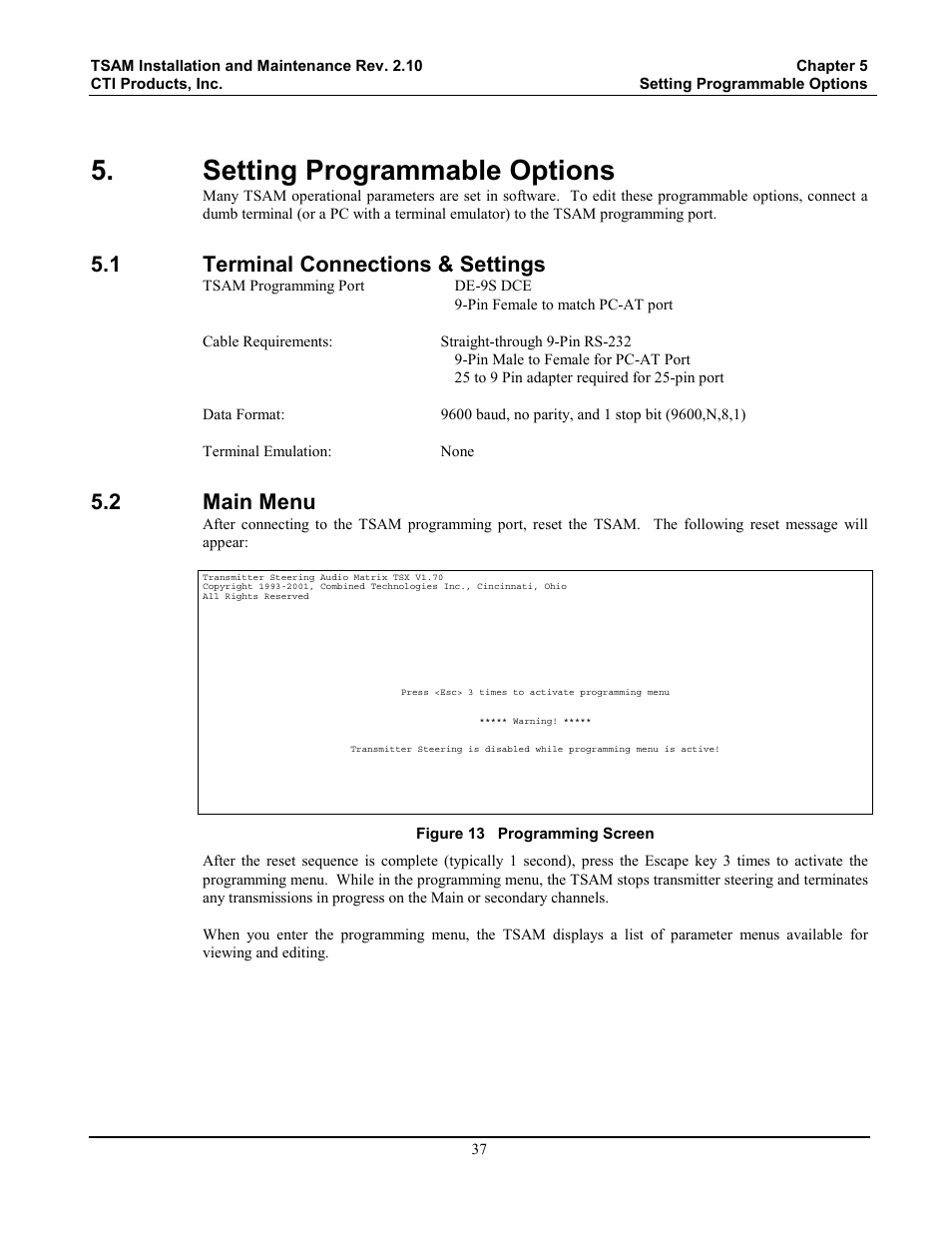 Setting programmable options, Terminal connections & settings, Main menu | Figure 13 programming screen, 1 terminal connections & settings, 2 main menu | CTI Products TSAM Transmitter Steering & Audio Matrix User Manual | Page 45 / 97