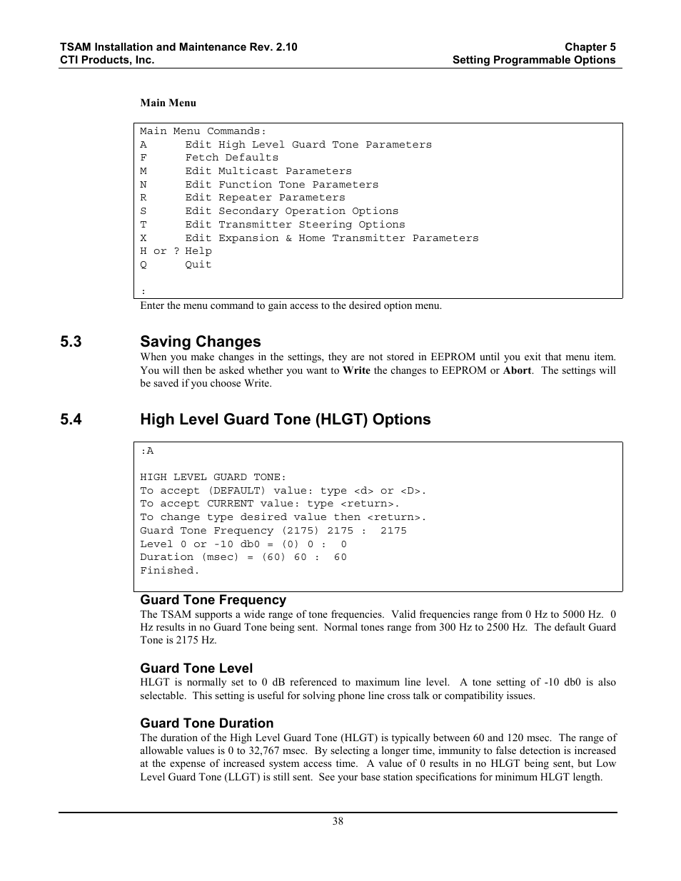 Saving changes, High level guard tone (hlgt) options, 3 saving changes | 4 high level guard tone (hlgt) options | CTI Products TSAM Transmitter Steering & Audio Matrix User Manual | Page 46 / 97