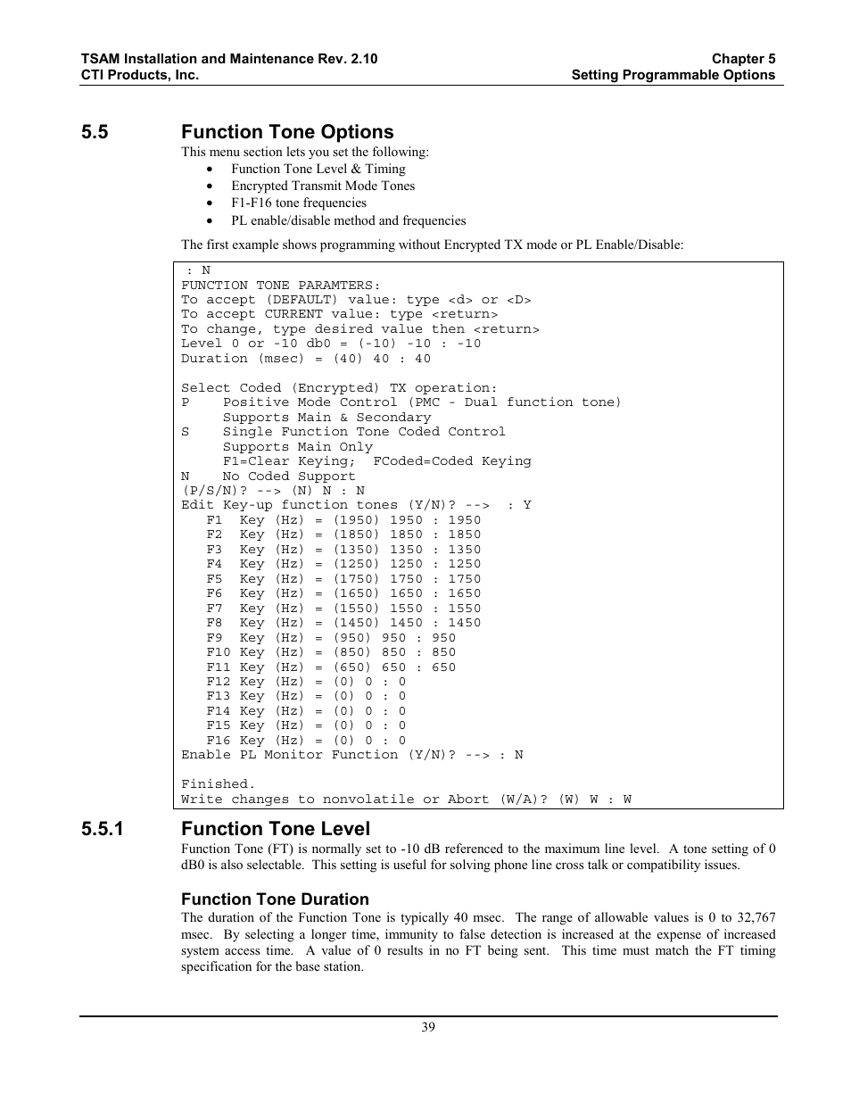 Function tone options, Function tone level, 5 function tone options | 1 function tone level | CTI Products TSAM Transmitter Steering & Audio Matrix User Manual | Page 47 / 97