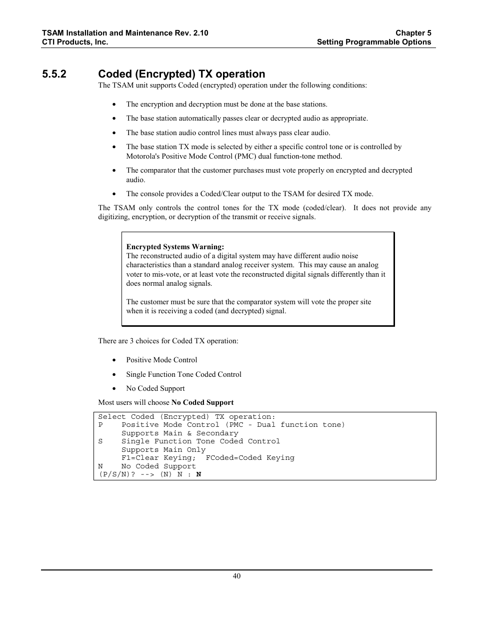 Coded (encrypted) tx operation, 2 coded (encrypted) tx operation | CTI Products TSAM Transmitter Steering & Audio Matrix User Manual | Page 48 / 97