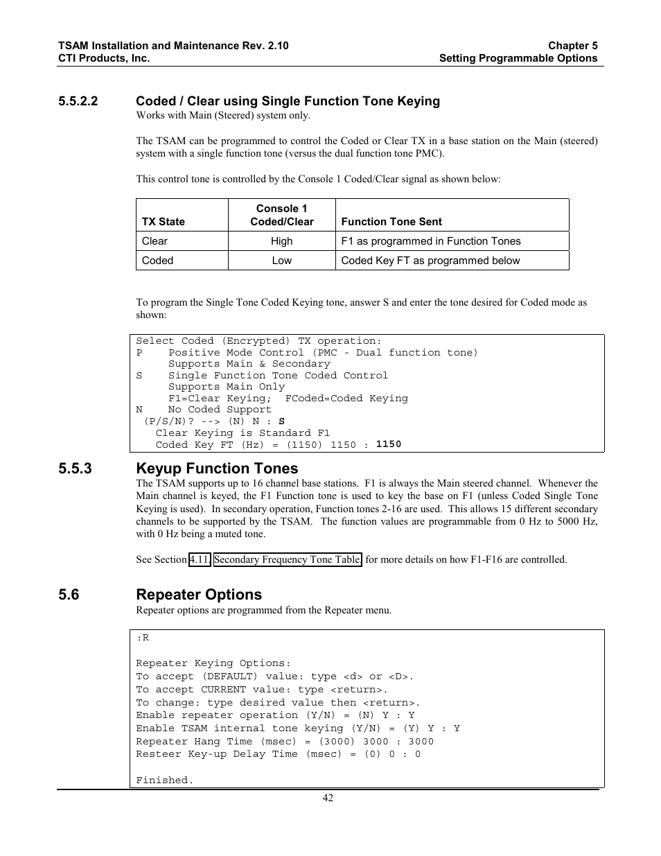 Coded / clear using single function tone keying, Keyup function tones, Repeater options | 3 keyup function tones, 6 repeater options | CTI Products TSAM Transmitter Steering & Audio Matrix User Manual | Page 50 / 97