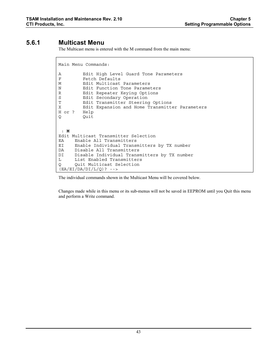 Multicast menu, 1 multicast menu | CTI Products TSAM Transmitter Steering & Audio Matrix User Manual | Page 51 / 97