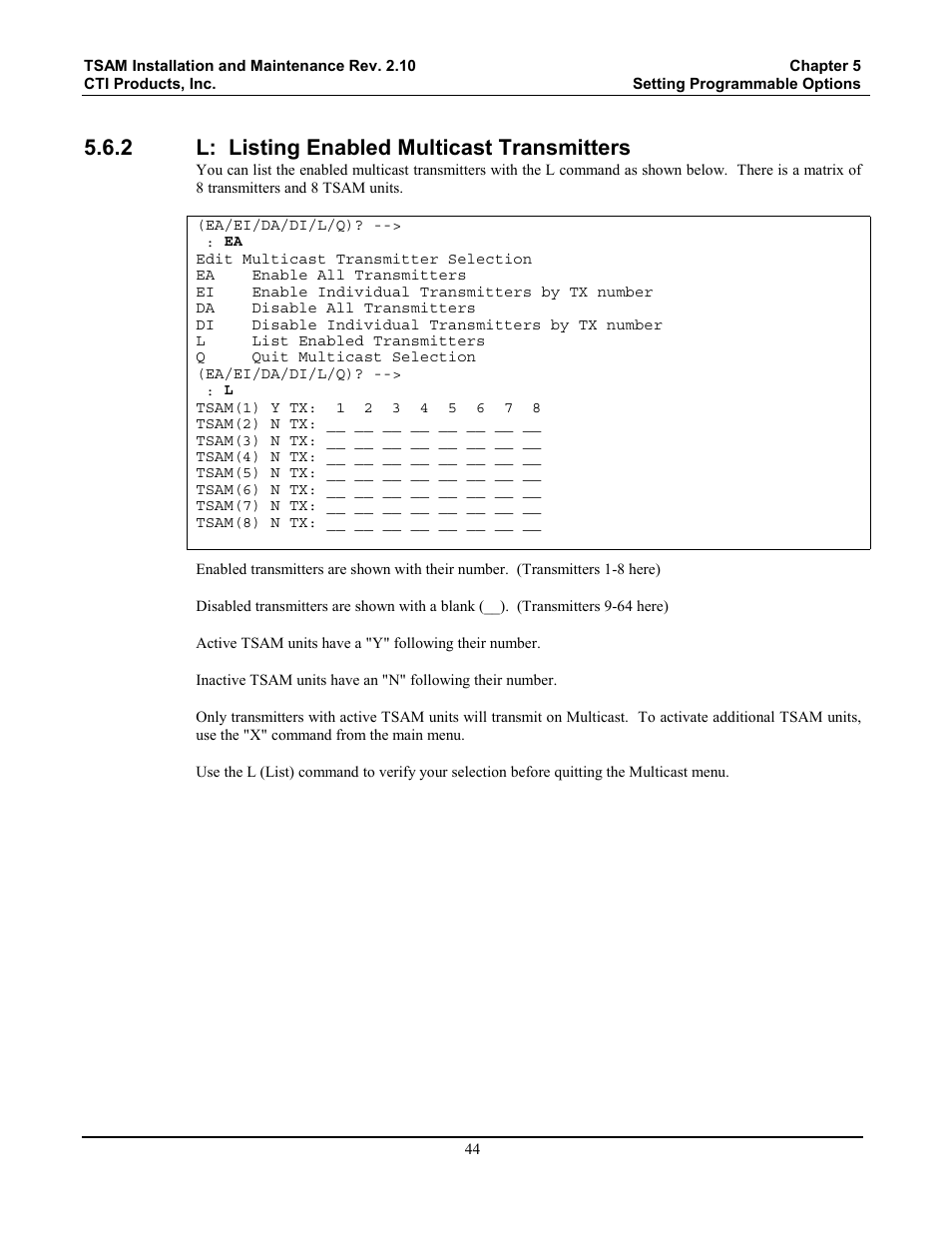 L: listing enabled multicast transmitters, 2 l: listing enabled multicast transmitters | CTI Products TSAM Transmitter Steering & Audio Matrix User Manual | Page 52 / 97