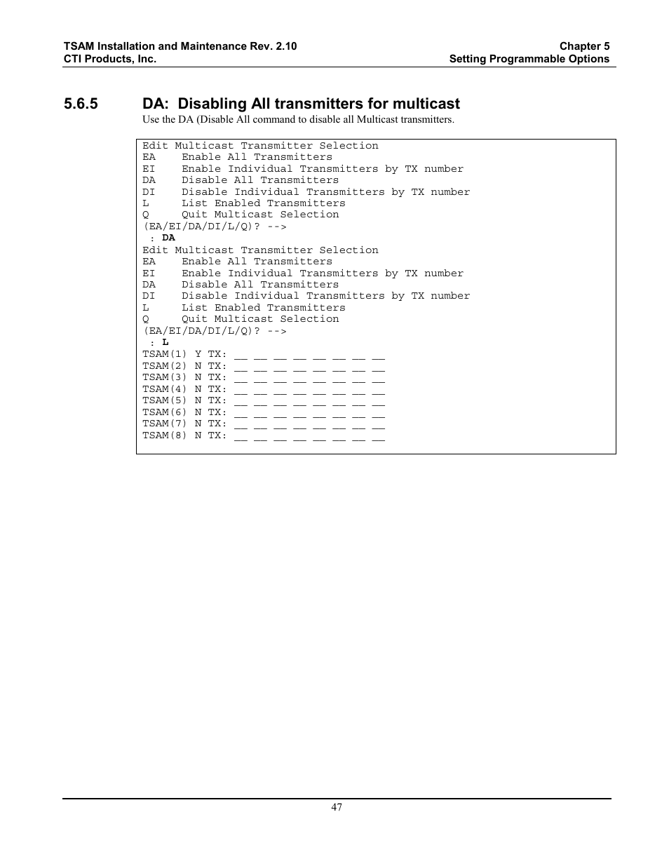 Da: disabling all transmitters for multicast, 5 da: disabling all transmitters for multicast | CTI Products TSAM Transmitter Steering & Audio Matrix User Manual | Page 55 / 97