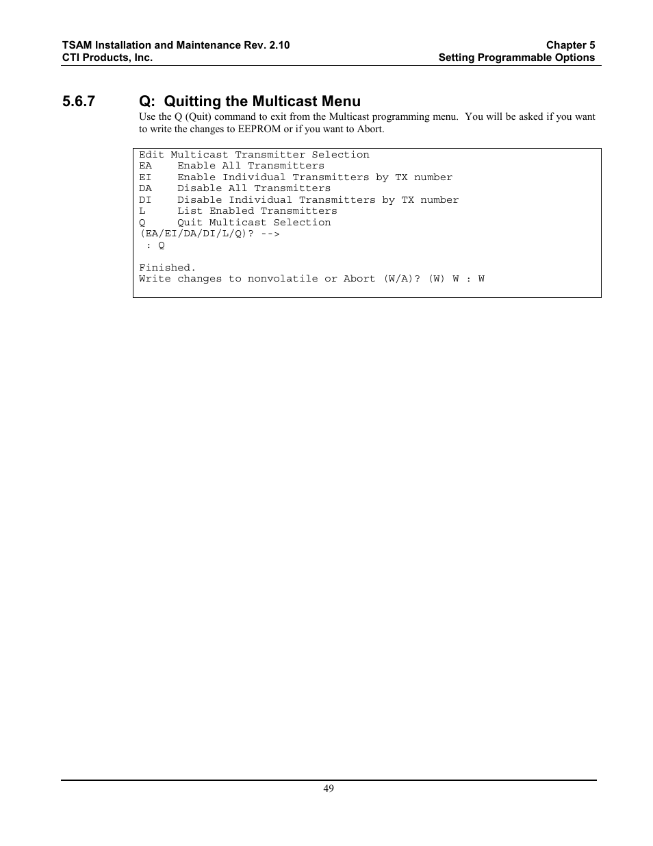 Q: quitting the multicast menu, 7 q: quitting the multicast menu | CTI Products TSAM Transmitter Steering & Audio Matrix User Manual | Page 57 / 97