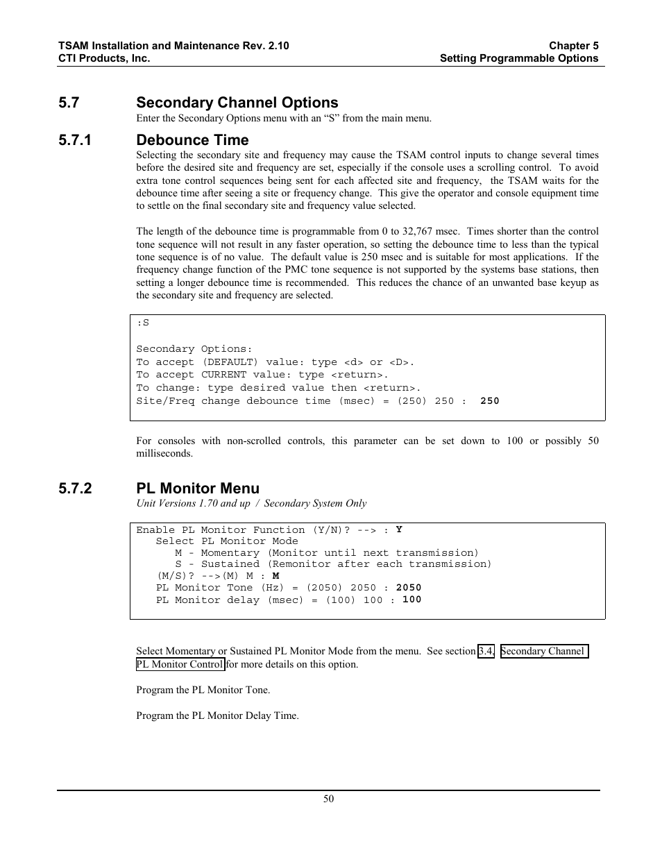 Secondary channel options, Debounce time, Pl monitor menu | 7 secondary channel options, 1 debounce time, 2 pl monitor menu | CTI Products TSAM Transmitter Steering & Audio Matrix User Manual | Page 58 / 97