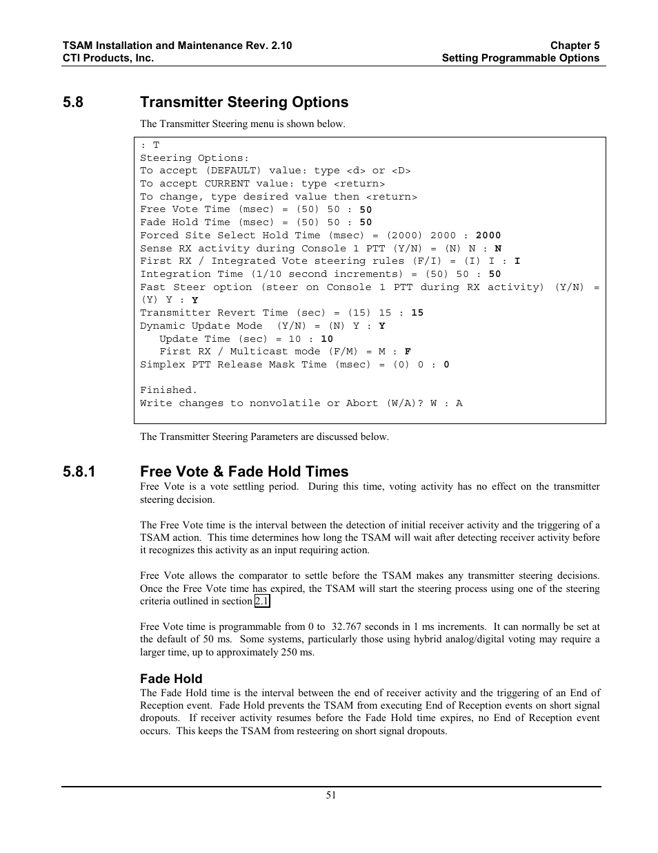 Transmitter steering options, Free vote & fade hold times, 8 transmitter steering options | 1 free vote & fade hold times | CTI Products TSAM Transmitter Steering & Audio Matrix User Manual | Page 59 / 97