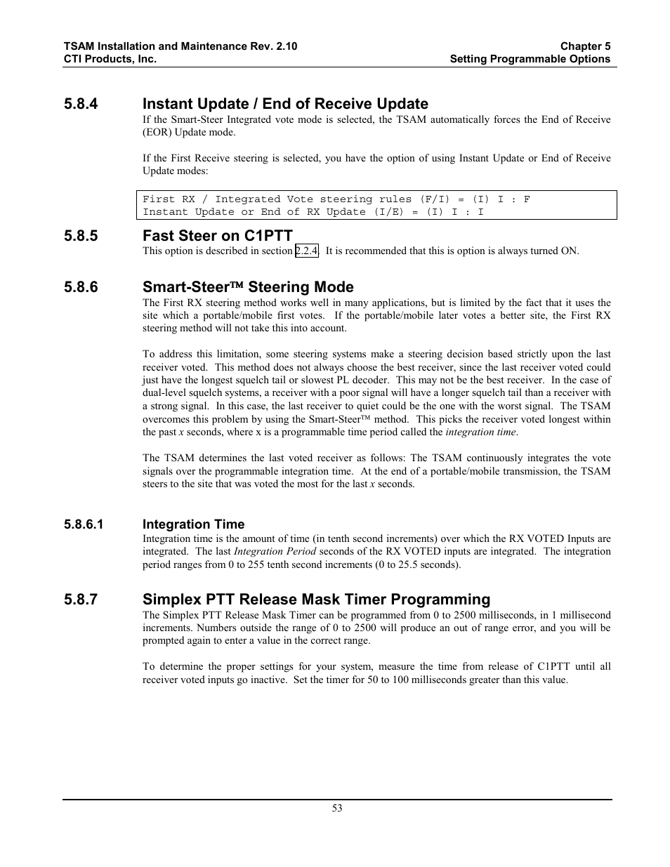 Instant update / end of receive update, Fast steer on c1ptt, Smart-steer steering mode | Integration time, Simplex ptt release mask timer programming, Smart-steer, Steering mode, 4 instant update / end of receive update, 5 fast steer on c1ptt, 6 smart-steer     steering mode | CTI Products TSAM Transmitter Steering & Audio Matrix User Manual | Page 61 / 97