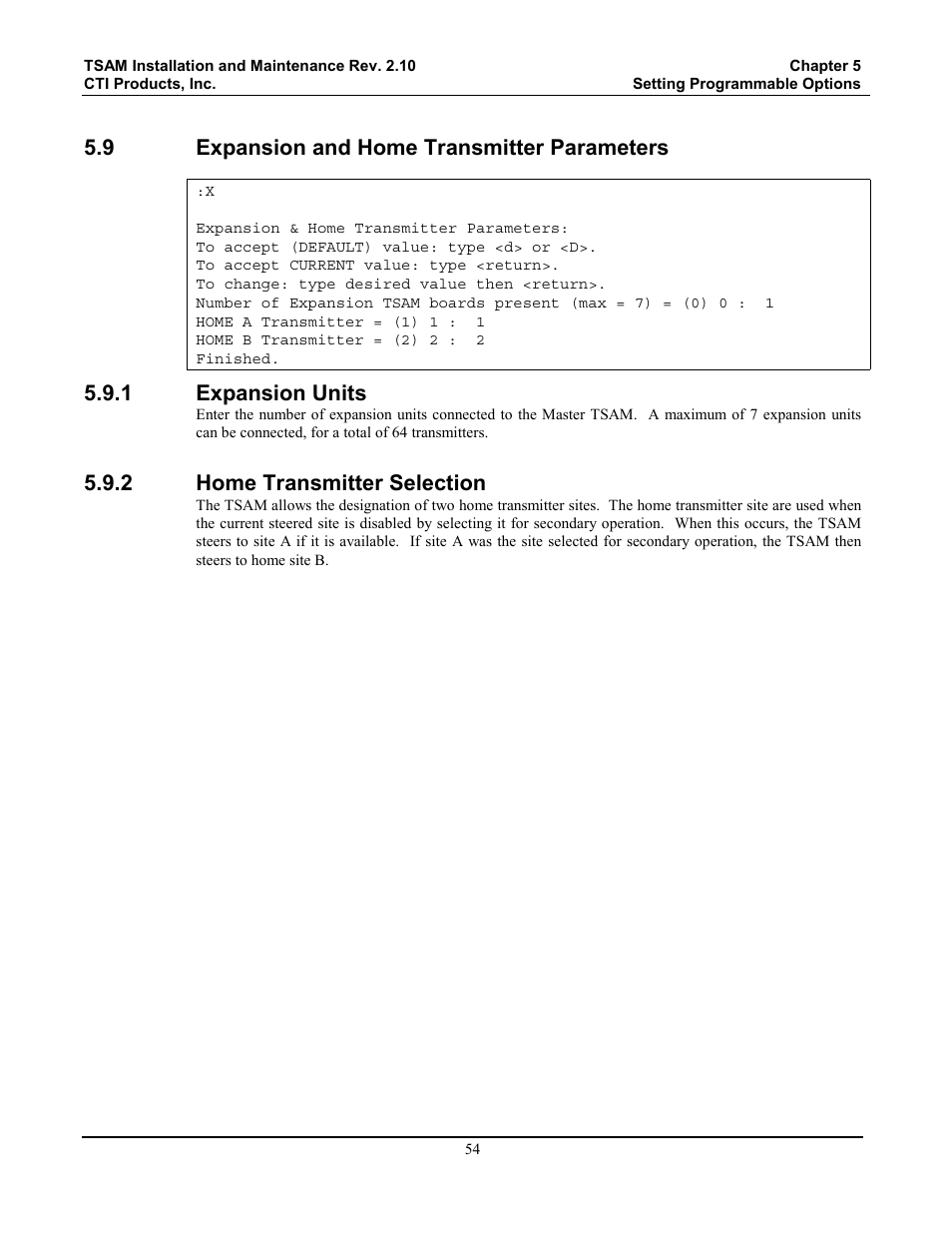 Expansion and home transmitter parameters, Expansion units, Home transmitter selection | 9 expansion and home transmitter parameters, 1 expansion units, 2 home transmitter selection | CTI Products TSAM Transmitter Steering & Audio Matrix User Manual | Page 62 / 97