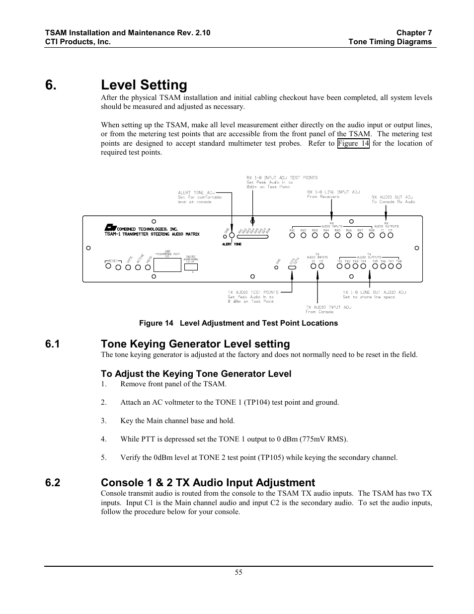 Level setting, Tone keying generator level setting, Console 1 & 2 tx audio input adjustment | 1 tone keying generator level setting, 2 console 1 & 2 tx audio input adjustment | CTI Products TSAM Transmitter Steering & Audio Matrix User Manual | Page 63 / 97