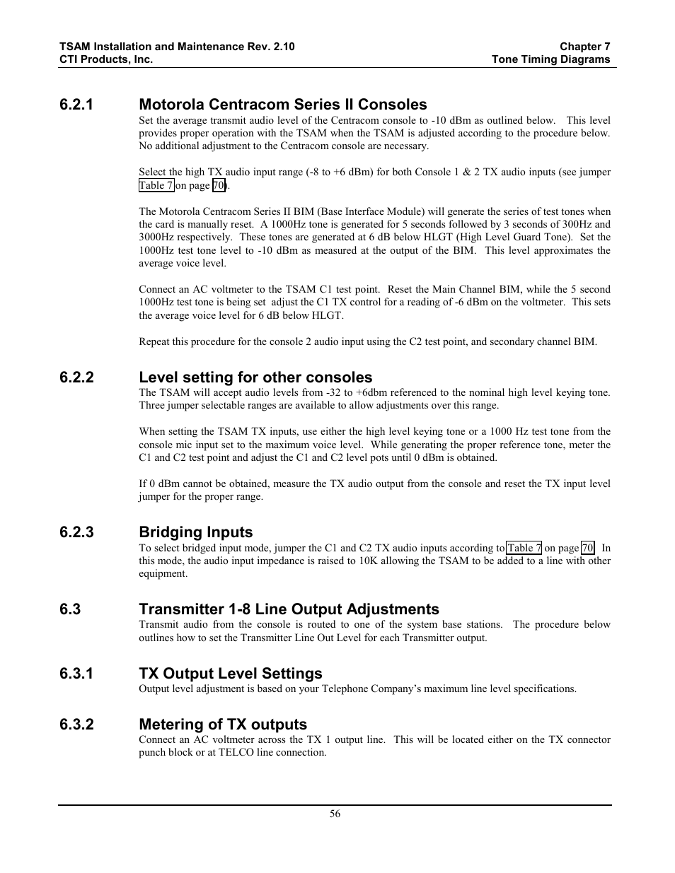 Motorola centracom series ii consoles, Level setting for other consoles, Bridging inputs | Transmitter 1-8 line output adjustments, Tx output level settings, Metering of tx outputs, 1 motorola centracom series ii consoles, 2 level setting for other consoles, 3 bridging inputs, 3 transmitter 1-8 line output adjustments | CTI Products TSAM Transmitter Steering & Audio Matrix User Manual | Page 64 / 97