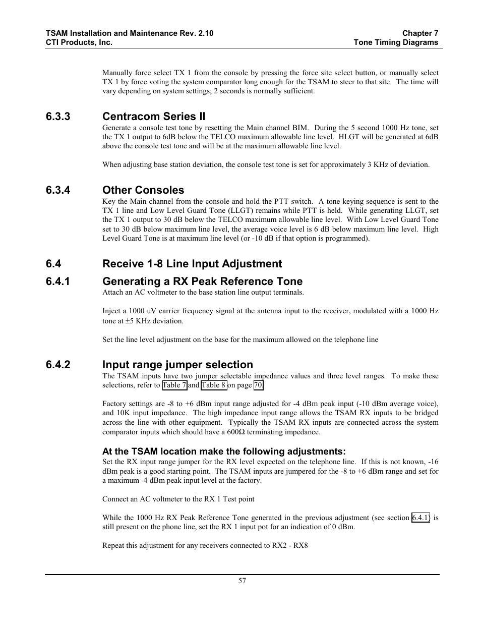 Centracom series ii, Other consoles, Receive 1-8 line input adjustment | Generating a rx peak reference tone, Input range jumper selection, 3 centracom series ii, 4 other consoles, 2 input range jumper selection | CTI Products TSAM Transmitter Steering & Audio Matrix User Manual | Page 65 / 97