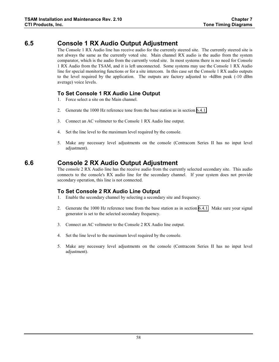 Console 1 rx audio output adjustment, Console 2 rx audio output adjustment, 5 console 1 rx audio output adjustment | 6 console 2 rx audio output adjustment | CTI Products TSAM Transmitter Steering & Audio Matrix User Manual | Page 66 / 97