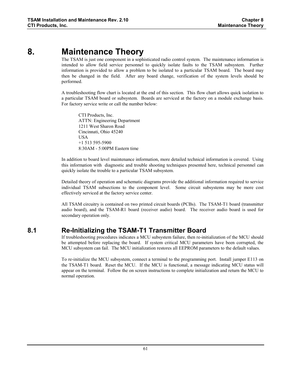 Maintenance theory, Re-initializing the tsam-t1 transmitter board, 1 re-initializing the tsam-t1 transmitter board | CTI Products TSAM Transmitter Steering & Audio Matrix User Manual | Page 69 / 97