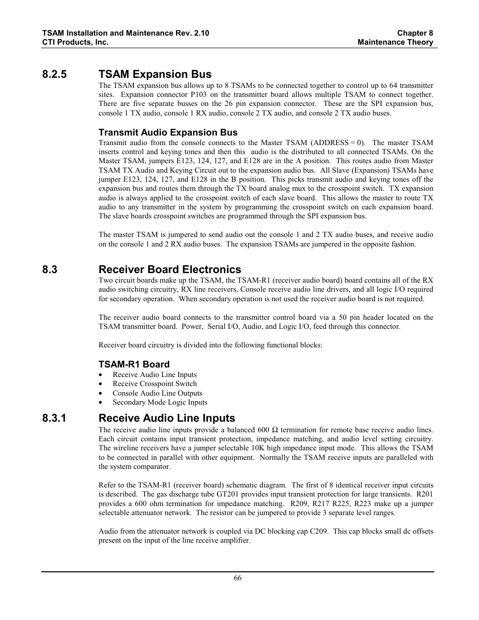 Tsam expansion bus, Receiver board electronics, Receive audio line inputs | 5 tsam expansion bus, 3 receiver board electronics, 1 receive audio line inputs | CTI Products TSAM Transmitter Steering & Audio Matrix User Manual | Page 74 / 97