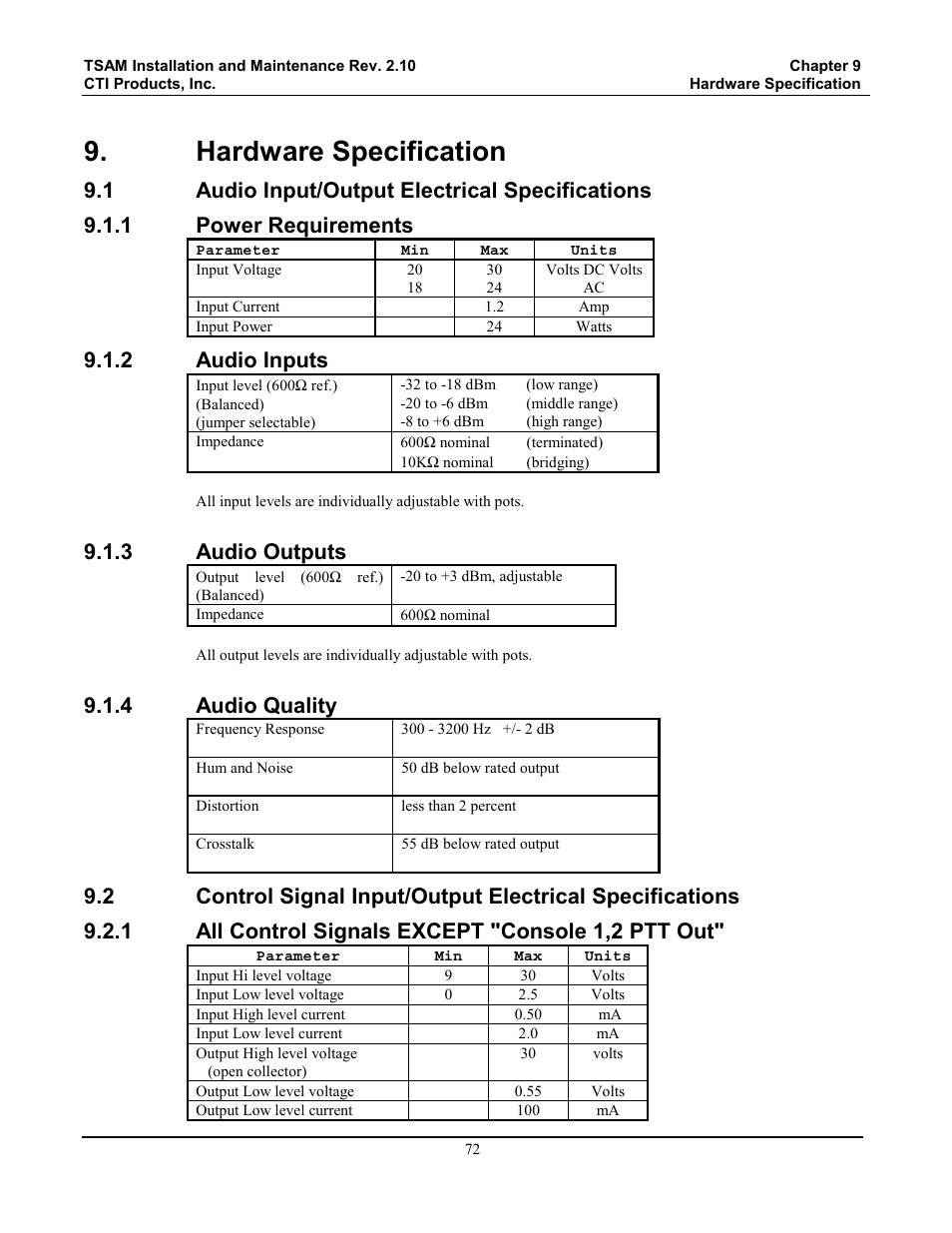 Hardware specification, Audio input/output electrical specifications, Power requirements | Audio outputs, Audio quality, Audio inputs, All control signals except "console 1,2 ptt out, 2 audio inputs, 3 audio outputs, 4 audio quality | CTI Products TSAM Transmitter Steering & Audio Matrix User Manual | Page 80 / 97