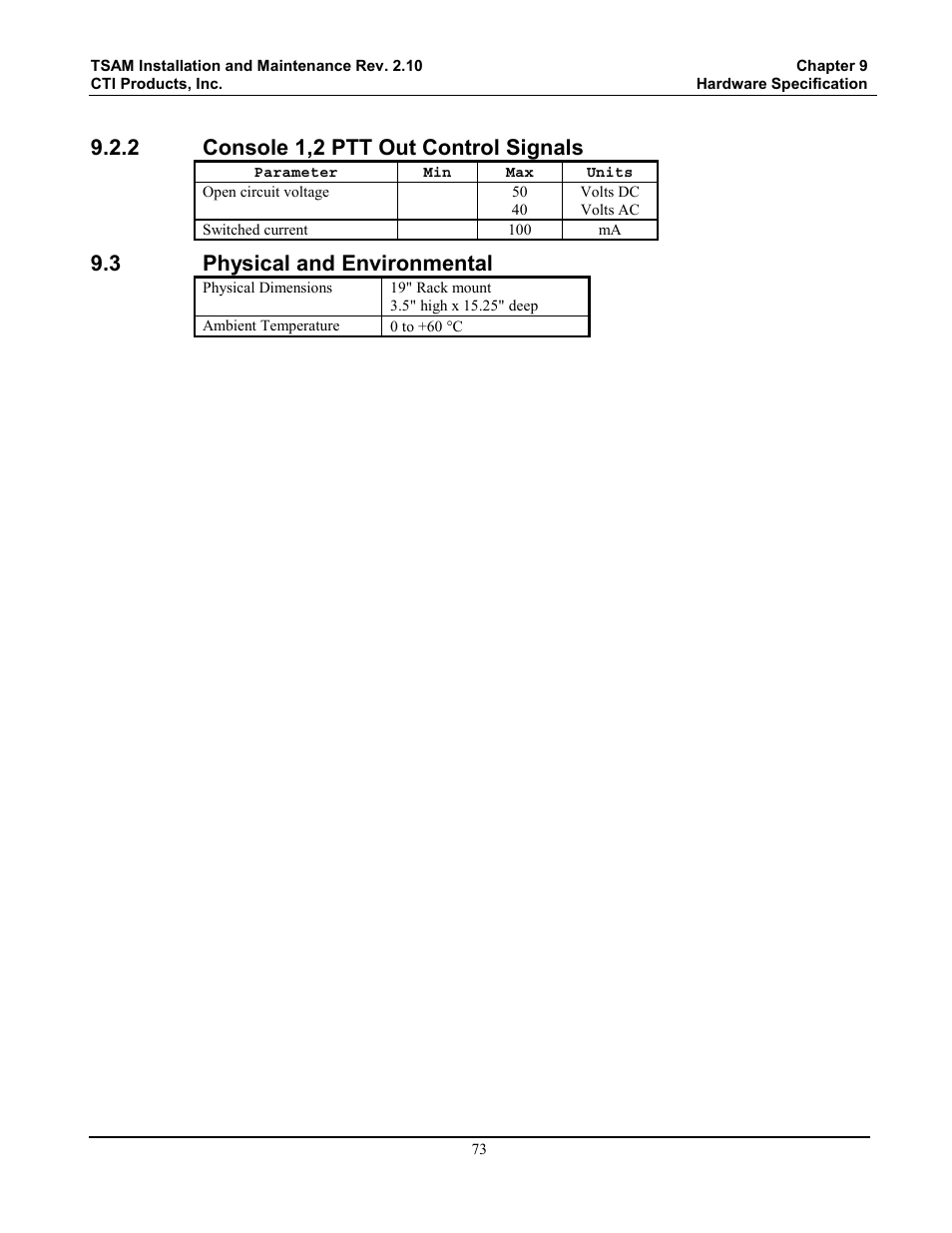 Physical and environmental, Console 1,2 ptt out control signals, 2 console 1,2 ptt out control signals | 3 physical and environmental | CTI Products TSAM Transmitter Steering & Audio Matrix User Manual | Page 81 / 97