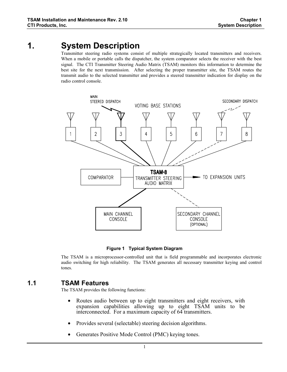 System description, Tsam features, Figure 1 typical system diagram | CTI Products TSAM Transmitter Steering & Audio Matrix User Manual | Page 9 / 97