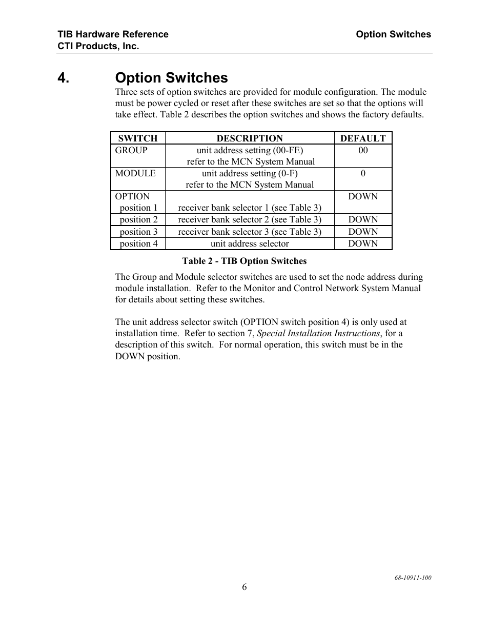 Option switches | CTI Products TIB TSAM Interface User Manual | Page 11 / 24