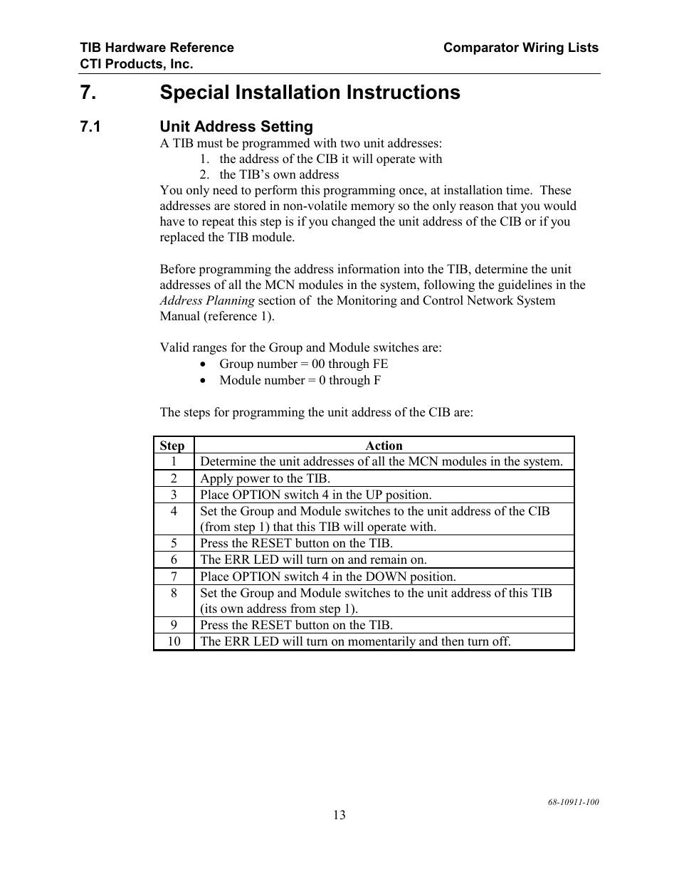 Special installation instructions, Unit address setting, Special installation instructions 7.1 u | Ddress, Etting, Tion 7, special installation instructions , for a | CTI Products TIB TSAM Interface User Manual | Page 18 / 24