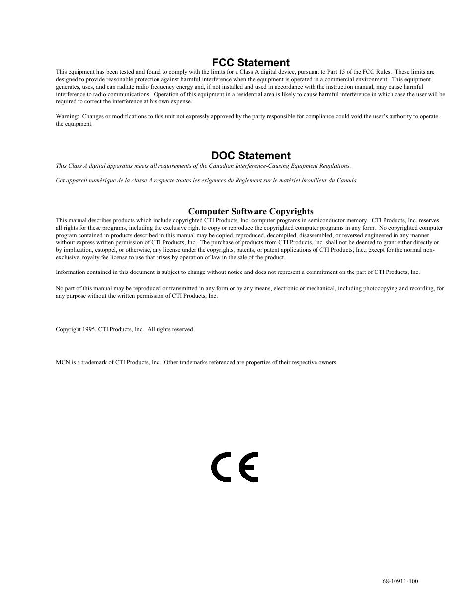 Fcc statement, Doc statement, Computer software copyrights | CTI Products TIB TSAM Interface User Manual | Page 2 / 24