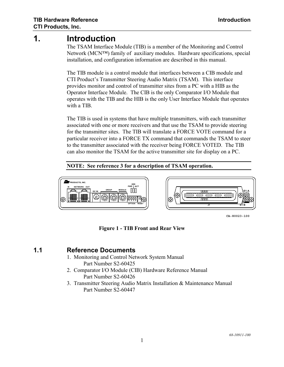 Introduction, Reference documents, Introduction 1.1 r | Eference, Ocuments, 1 reference documents, Figure 1 - tib front and rear view | CTI Products TIB TSAM Interface User Manual | Page 6 / 24