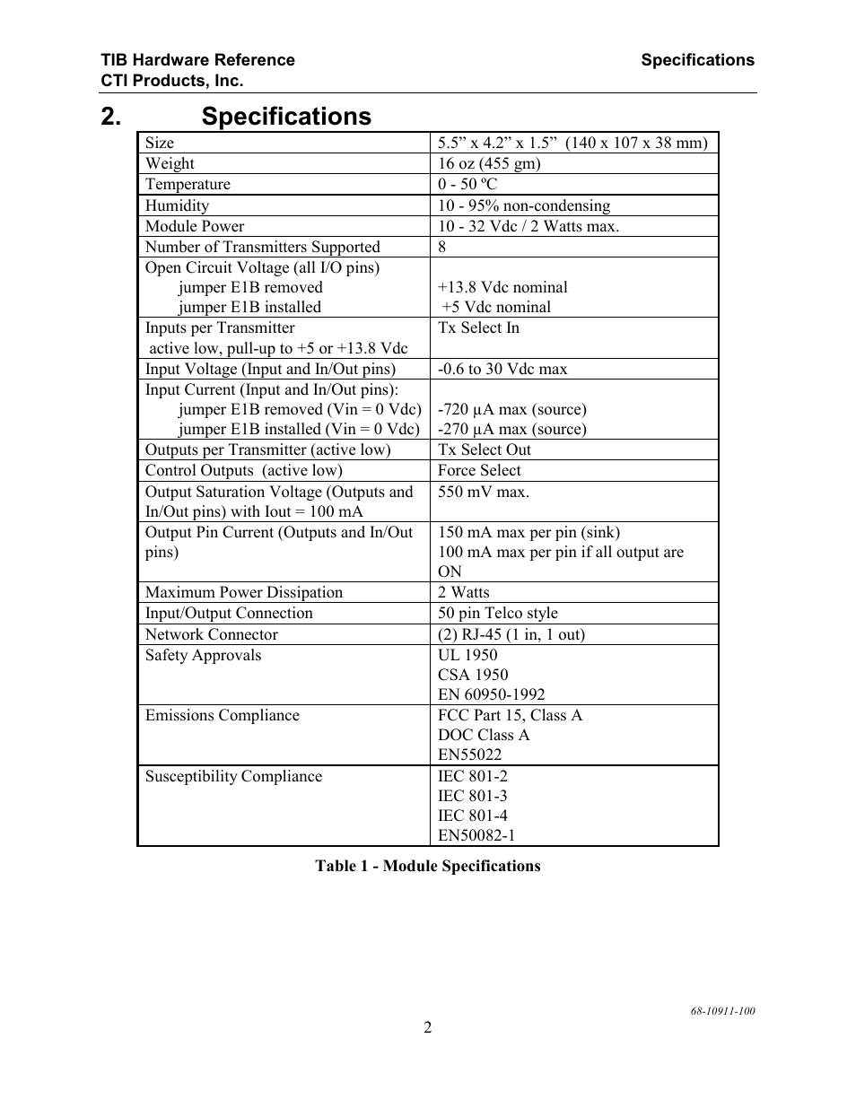 Specifications | CTI Products TIB TSAM Interface User Manual | Page 7 / 24