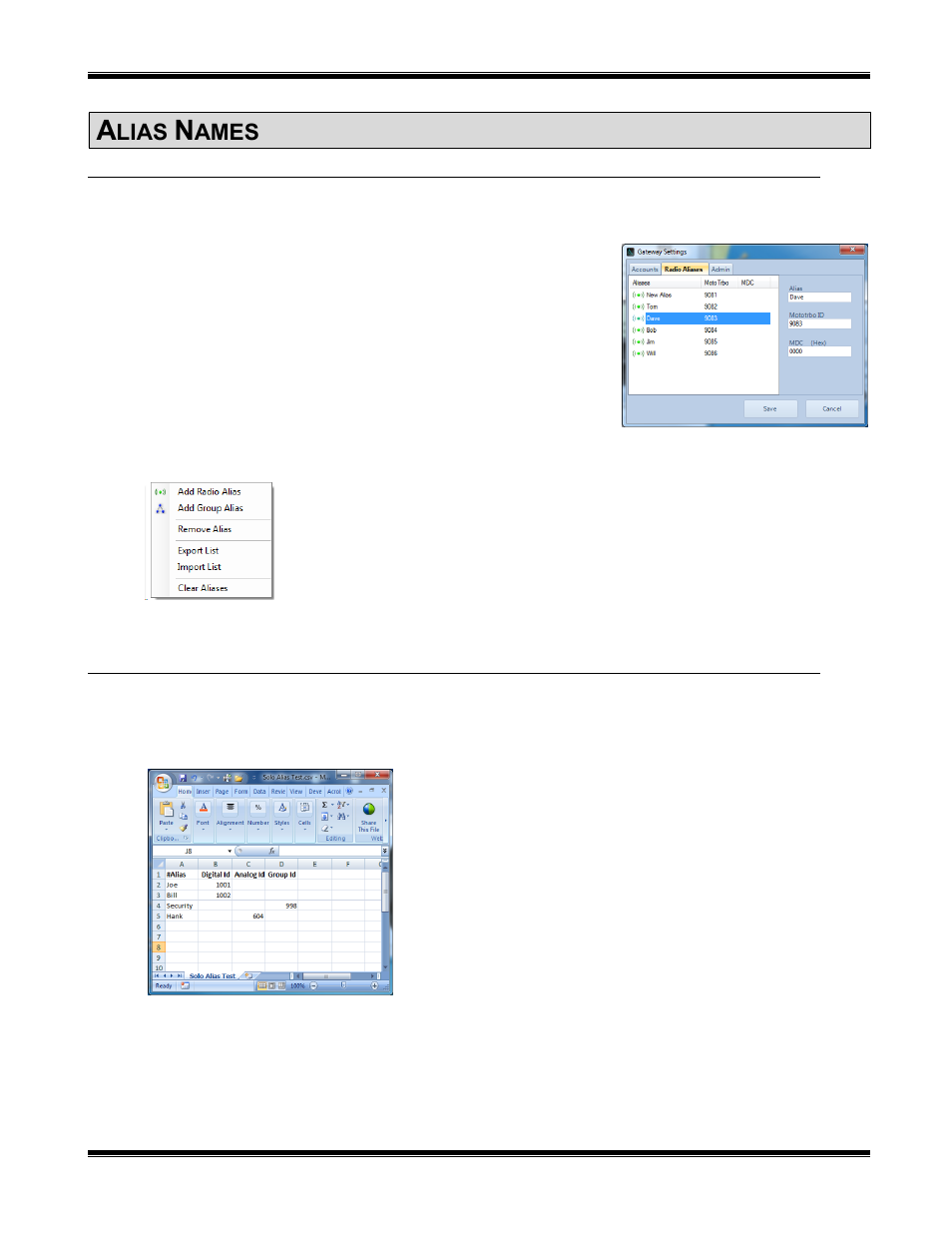 Alias names, Adding individual alias names, Adding alias names using a csv file | CTI Products TurboVUi Solo Client Software User Manual | Page 10 / 12